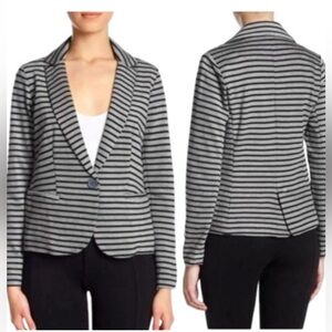 Olivia Moon Black and Gray Striped One Button Knit Blazer Women’s Medium